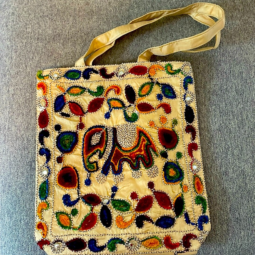 NWOT Colorful Embroidered Elephant Silk Tote Bag